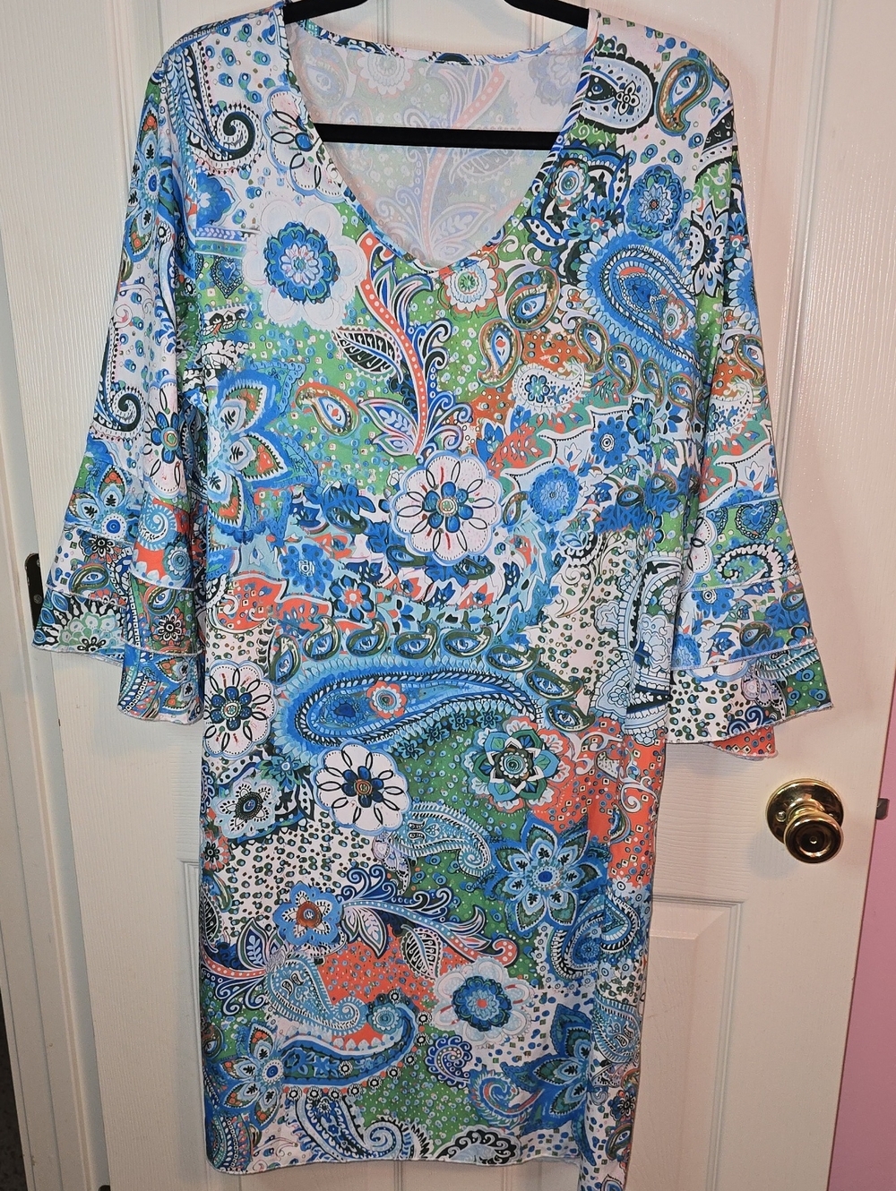 Paisley V-Neck Midi Dress in Blue, Green & Orange